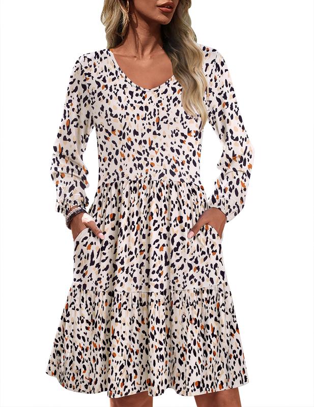 HOTOUCH Women Casual Tunic Dress V Neck Tiered Dress Long Sleeve Fit Swing Shift Dress with Pockets Loose Ruffled Dresses