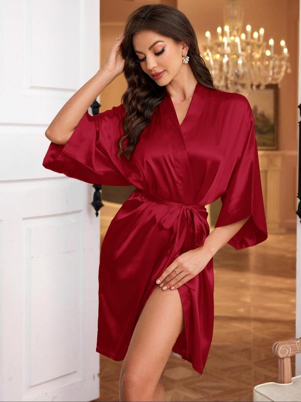 Women's Solid Color Satin Belted Bathrobe, Casual 3 4 Sleeve Open Front Robe for Women, Ladies Sleepwear for All Seasons