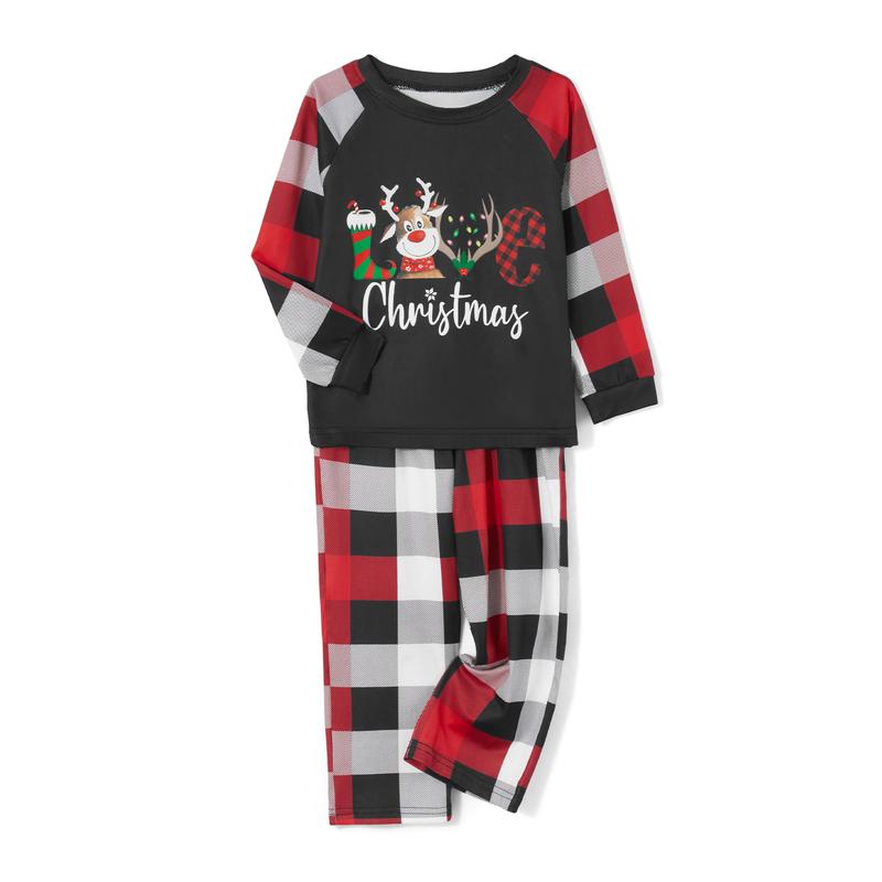 Parent-Child Christmas Pajamas, Romper  Long Sleeve Reindeer Print Tops and Plaid Pants Suit for Kid Dad Mom Sleepwear