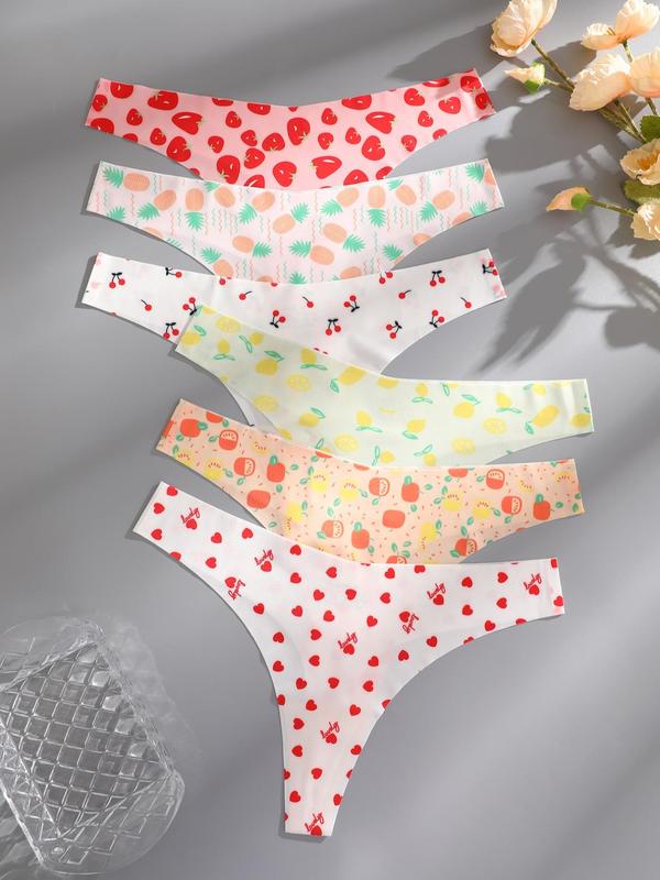 Women's All Over Fruit Print Drop Waist Thong, Soft Comfy Breathable Seamless Panty for Daily Wear, Underwear for All Seasons