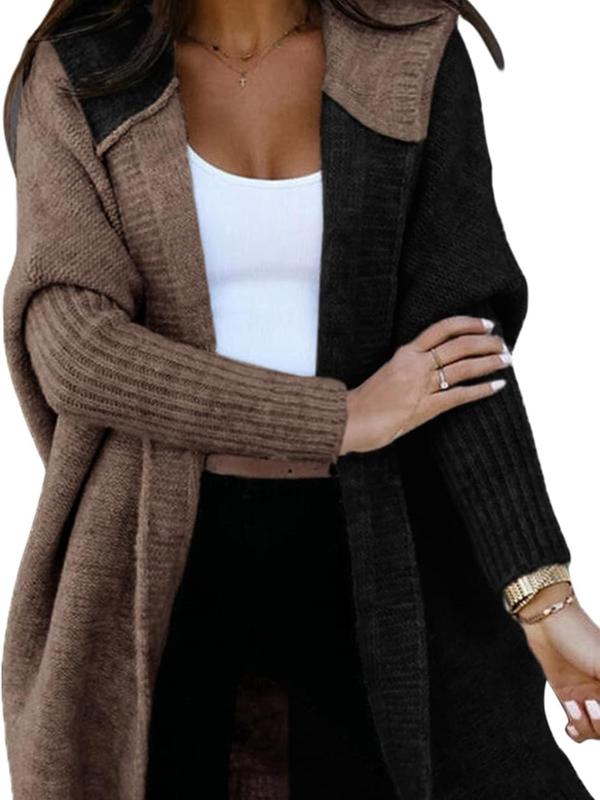 Women's Colorblock Batwing Sleeve Hooded Cardigan, Casual Long Sleeve Open Front Knitwear for Fall & Winter, Cardigan for Women, Fashion Ladies' Knit Clothing for Daily Wear