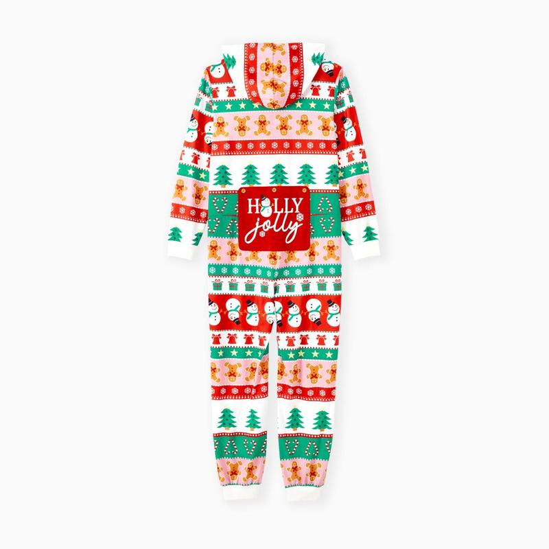 PatPat Onesies Pajamas Matching Christmas Outfits Allover Pattern Zipper Front Holly Jolly Print Back