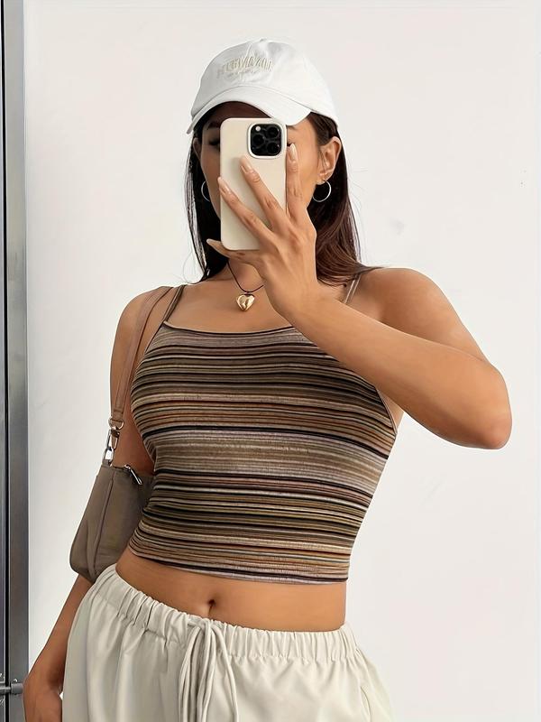 Women's Striped Print Backless Crop Cami Top, Y2K Clothes, Casual Streetwear Adjustable Spaghetti Strap Camisole for Summer, Ladies Clothes Top for Daily Wear