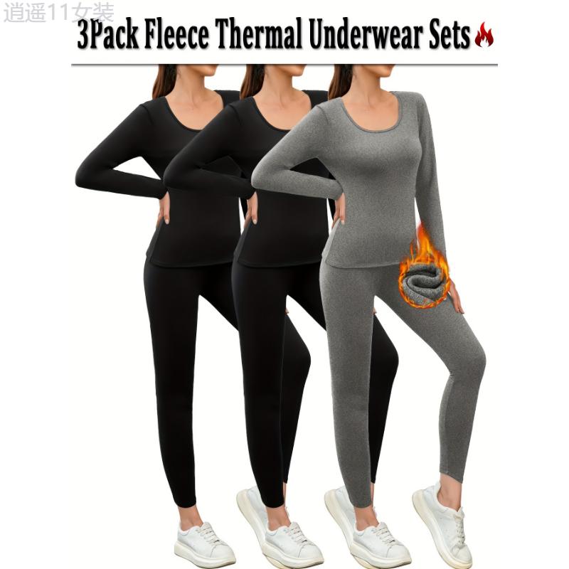 3-Pack Thermal Fleece Women'S Underwear Set - High Stretch Polyester Knit Fabric, Solid Color, Warm Lined Top and Sport Leggings - For Women - Ideal for Workout, Yoga, Loungewear, Cold Weather Pajamas - Perfect Gift for Winter Spandex Womenswear