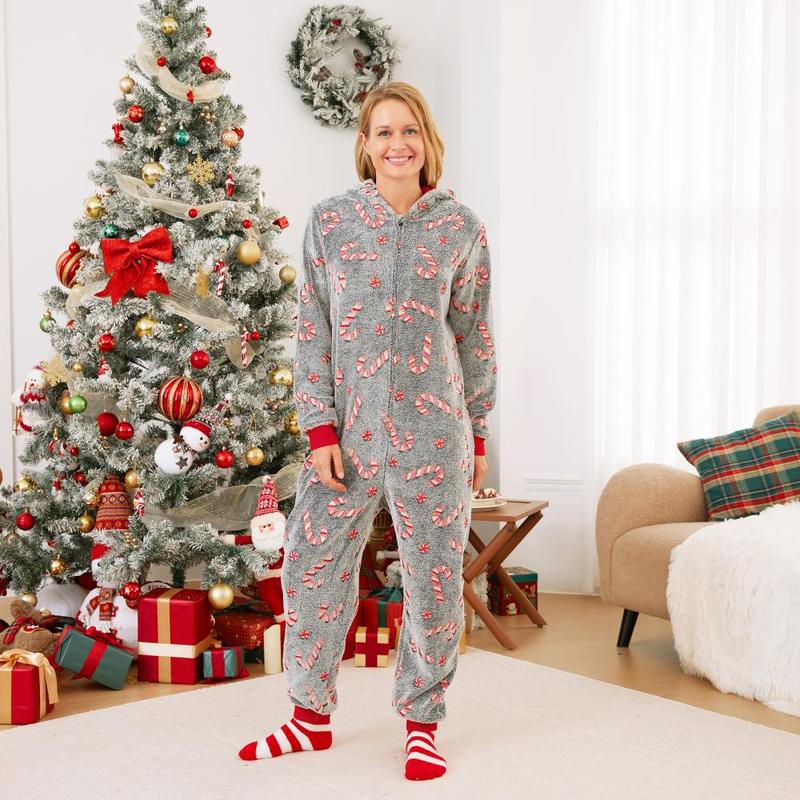 PatPat Onesies Christmas Pajamas Family Matching Outfits Candy Cane Pattern Holiday Loungewear Sleepwear (Glow in the Dark)