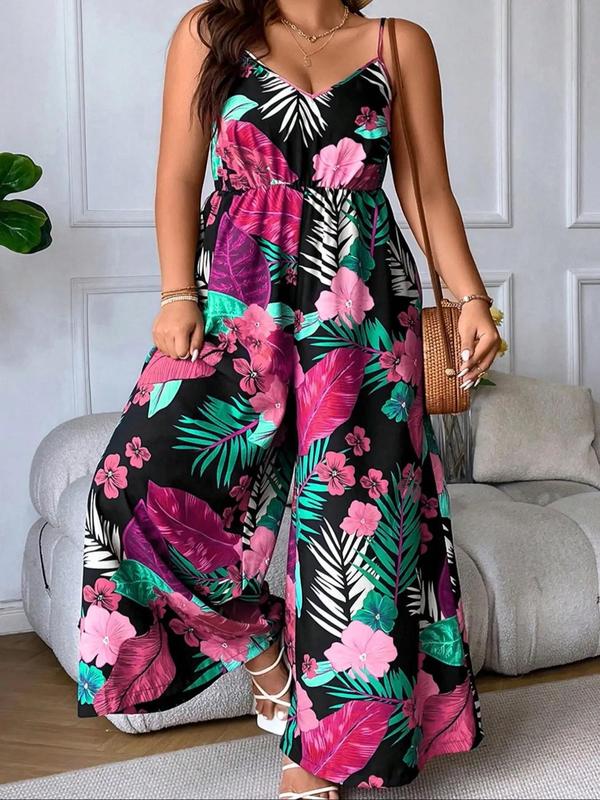  Tropical Print V Neck Cami Jumpsuit, Boho Backless Wide Leg Jumpsuit for Beach Holiday Vacation, Women's Plus Clothing for Summer