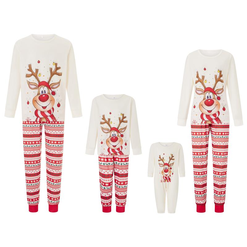 Family Matching Christmas Set Elk Print Long Sleeve Round Neck Tops Romper Striped Trousers Womenswear Comfort Clothing