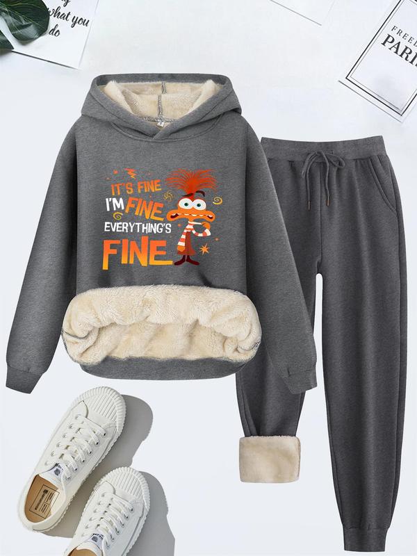 Two-piece Set Women's Letter Print Thermal Lined Sweatshirt & Drawstring Waist Sweatpants Set, Casual Long Sleeve Hooded Sweatshirt  & Pocket Jogger Pants, Women's Fall & Winter Clothes