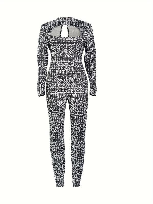 Women's Houndstooth Print Cut Out Backless Jumpsuit, Casual Long Sleeve Mock Neck Jumpsuit for Daily Wear, Ladies Clothes for All Seasons