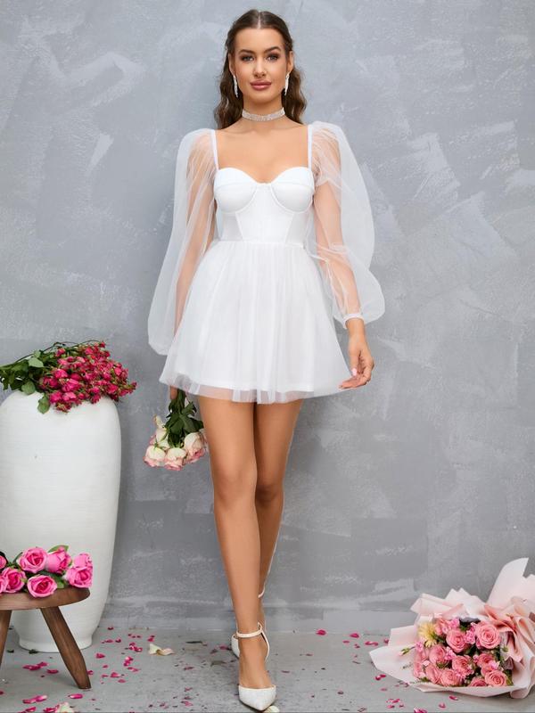 Women's Contrast Mesh Puff Sleeve Sweetheart Neck Flared Tulle Dress, Summer Clothes Women, Elegant Formal Mini Dresses for Evening Party Prom Wedding