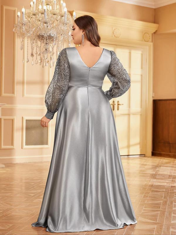 Plus Size Contrast Sequin Ruched Wrap Sheer Satin Party Dress, Elegant Bishop Sleeve V Neck A Line Dress for Party & Banquet, Women's Plus Size Clothing for All Seasons