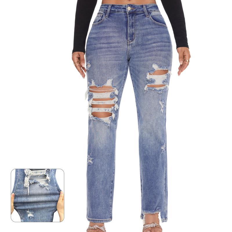 ~JB Women Mid-High Waisted Stretch Pants Ripped Regular Jeans Mid-Blue Straight Pants | Fashion Casual Denim Pant Vintage Ripped Skinny Jeans Women's Plain Pocket Straight '90s Street Style Good Looks Go With Everything Blackfriday Sale