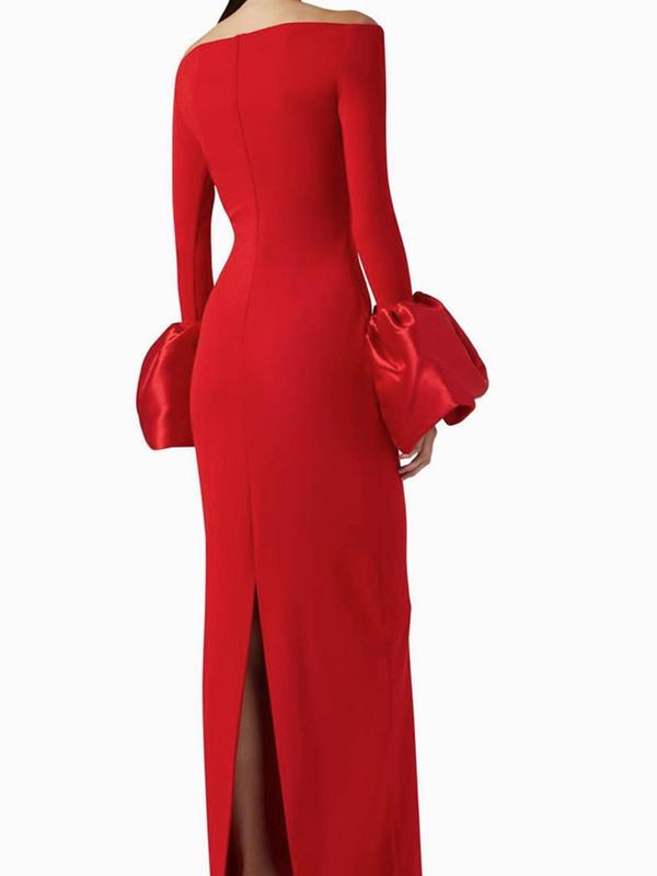 Women's Off The Shoulder Split Thigh Bodycon Dress, Elegant Long Sleeve Flounce Sleeve Dress for Party Club Dating Wear, Ladies Clothes for All Seasons