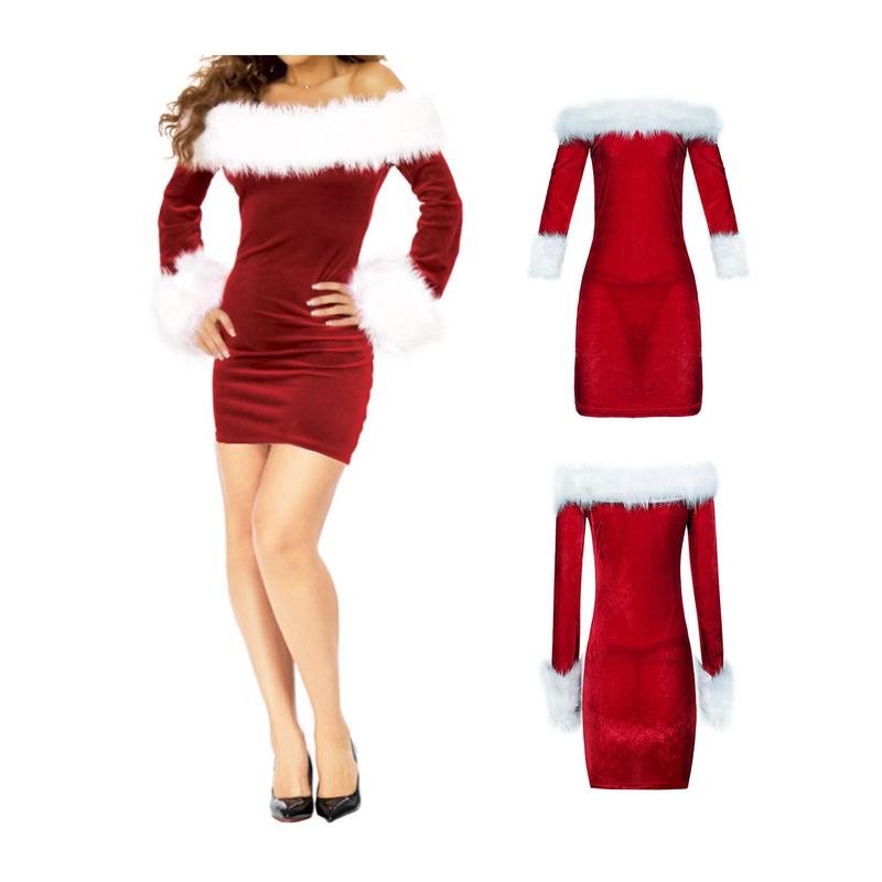 Women Christmas Mrs Claus Santa Cosplay Dress Plush Trim Patchwork Santa Off-Shoulder Dress Holiday Xmas Party Costume