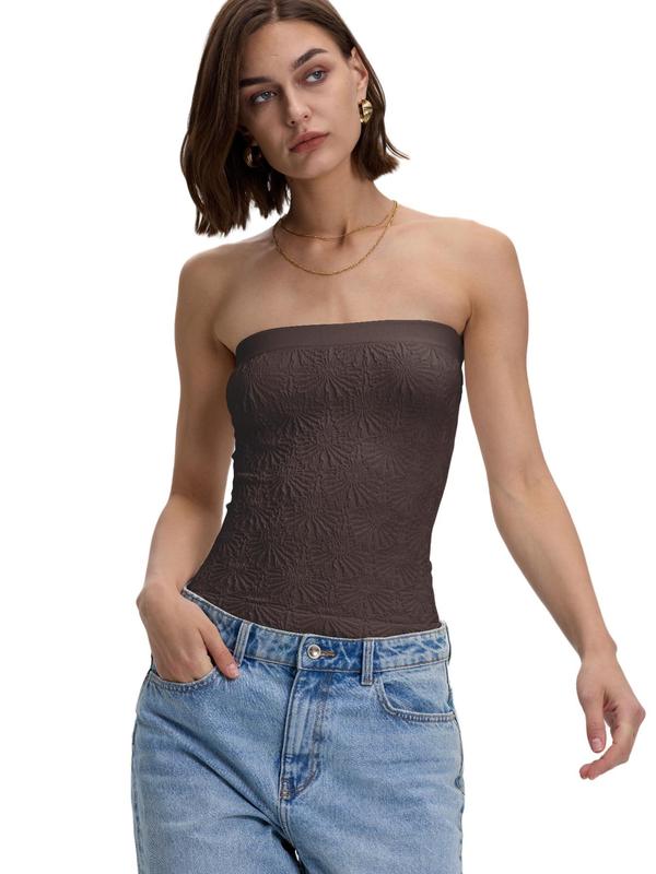 Women's Solid Jacquard Seamless Tube Top, Fashion Casual Sleeveless Strapless Top for Daily Outdoor Wear, Ladies Clothes for Summer