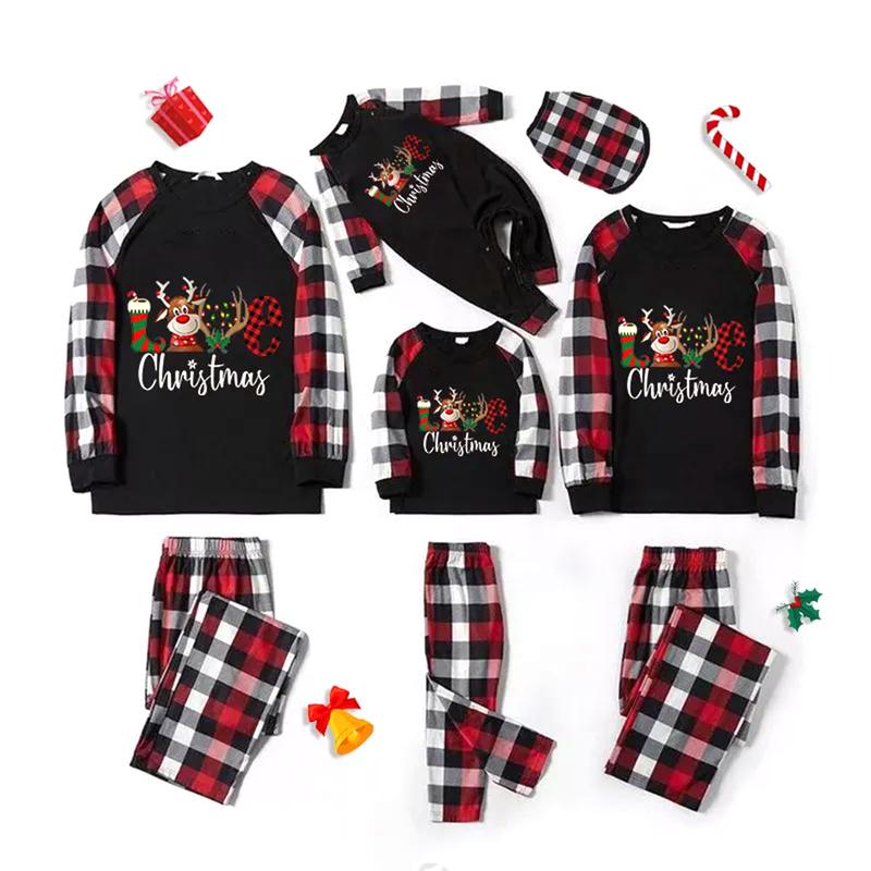 Parent-Child Christmas Pajamas, Romper  Long Sleeve Reindeer Print Tops and Plaid Pants Suit for Kid Dad Mom Sleepwear