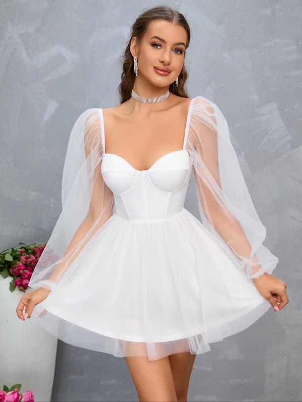 Women's Contrast Mesh Puff Sleeve Sweetheart Neck Flared Tulle Dress, Summer Clothes Women, Elegant Formal Mini Dresses for Evening Party Prom Wedding