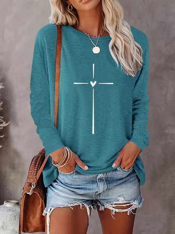 Women's Heart & Cross Print Round Neck Tee, Casual Long Sleeve Crew Neck T-shirt for Spring & Fall, Fashion Women's Top for Daily Wear