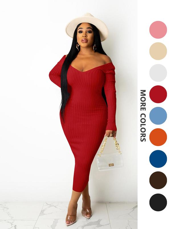 Women's Plain Ribbed V Neck Bodycon Dress, Casual Long Sleeve Midi Dress for Fall & Winter, Women's Clothing for Daily Wear Longsleeves