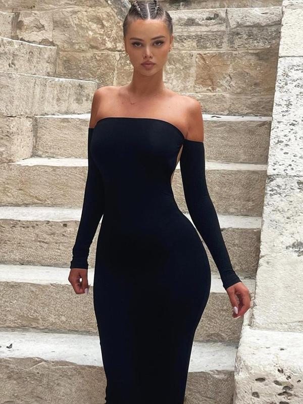 Women's Off The Shoulder Backless Split Hem Tube Dress, Solid Color Long Sleeve Dress for Party Club Dating Wear, Women's Clothing for Spring & Fall