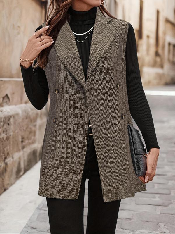 Women's All Over Herringbone Pattern Button Front Vest Blazer, Casual Lapel Neck Sleeveless Outerwear for Daily Wear, Ladies Clothes for All Seasons