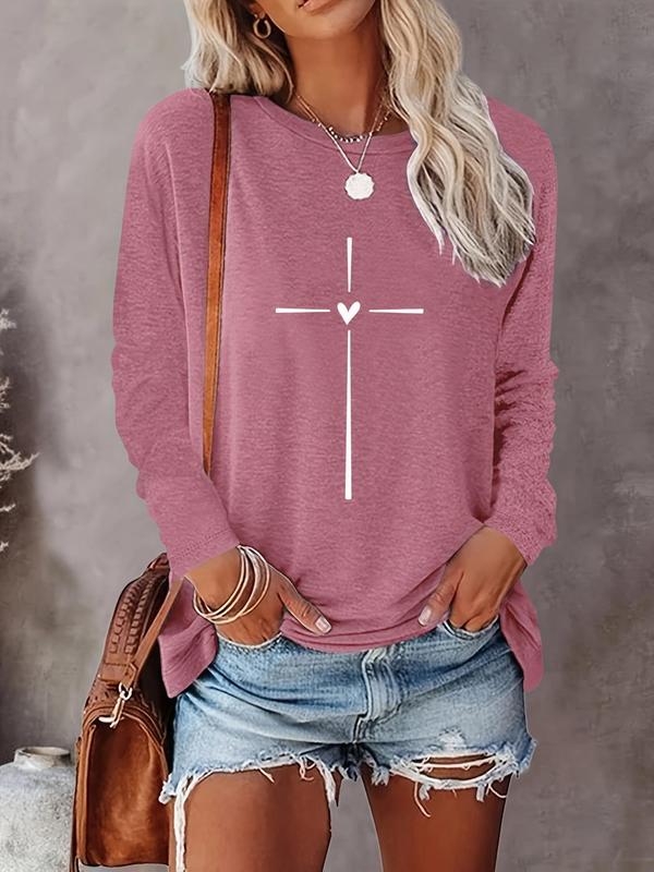 Women's Heart & Cross Print Round Neck Tee, Casual Long Sleeve Crew Neck T-shirt for Spring & Fall, Fashion Women's Top for Daily Wear