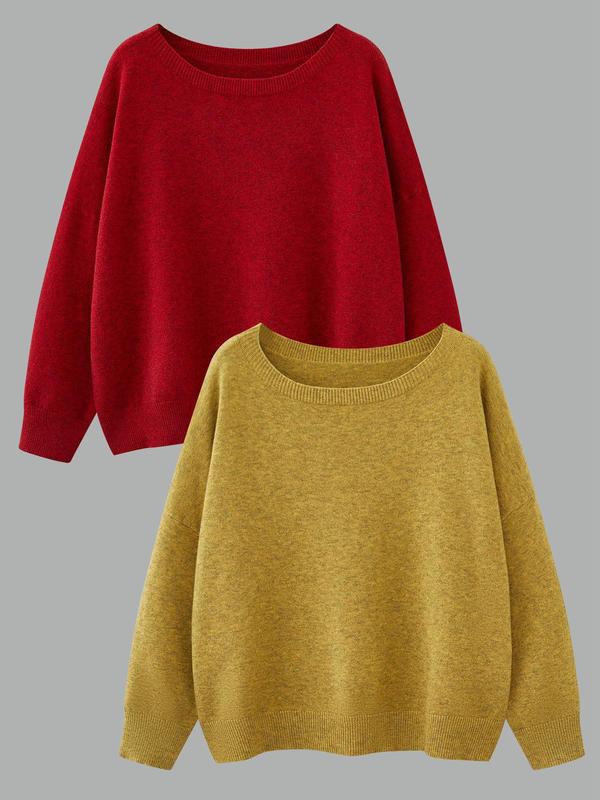 Women's Solid Drop Shoulder Sweater Pullover, Casual Long Sleeve Round Neck Jumper for Fall & Winter, Fashion Ladies' Knitwear for Daily Wear