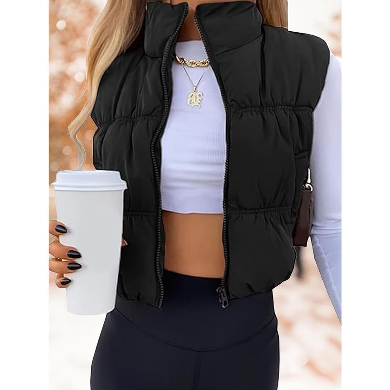 Cropped Sleeveless Puffer Vest for Women, Zip Up Stand Collar Padded