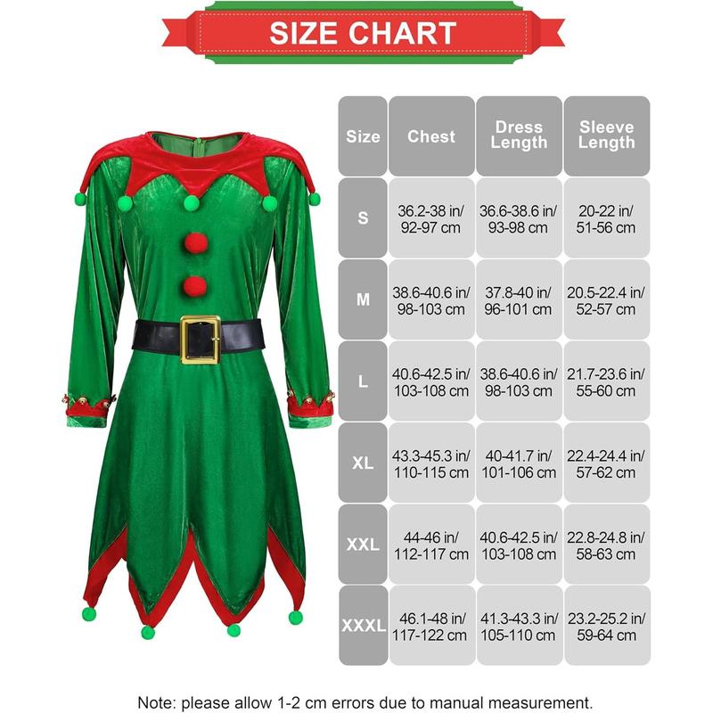 6 Pack Women Christmas Elf Costume Set Velvet Dress Santa's Helper Costume Xmas Outfit Elf Hat Shoes Ears Belt Socks