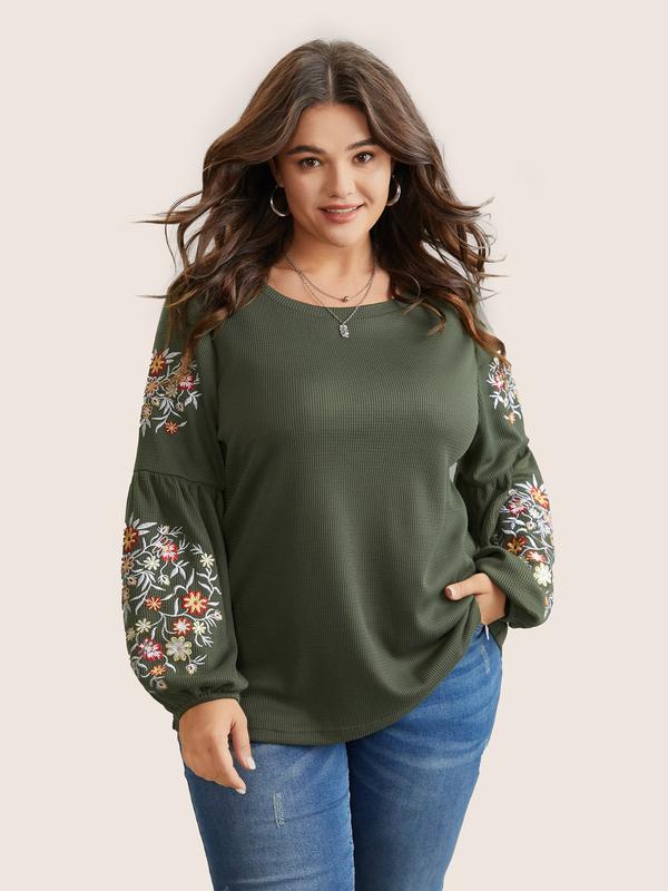 BloomChic Waffle Knit Floral Embroidered Lantern Sleeve T-shirt