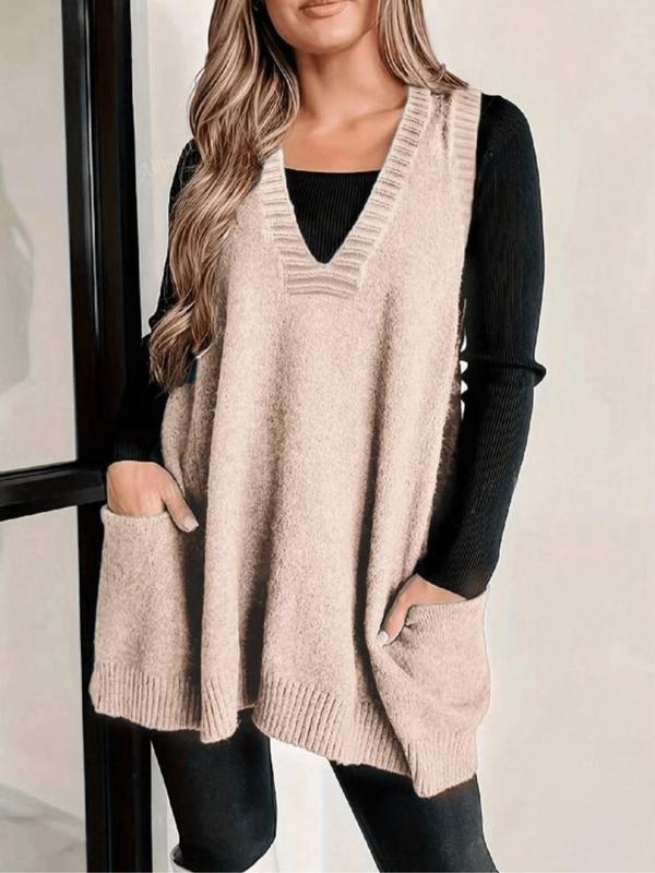 Women's Solid Pocket Deep V Neck Sweater Vest, Casual Sleeveless Jumper Vest for Fall & Winter, Women's Knitwear for Daily Wear