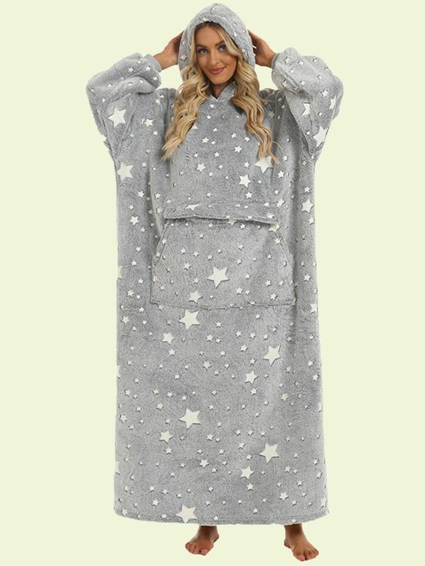 Womenswear Glow in The Dark Star Print Pocket Hooded Blanket, Casual Long Sleeve Drop Shoulder Blanket Hoodie, Women's Sleepwear for Winter, Fall Wear, Fallfreshness