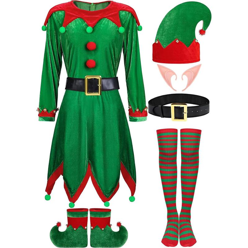 6 Pack Women Christmas Elf Costume Set Velvet Dress Santa's Helper Costume Xmas Outfit Elf Hat Shoes Ears Belt Socks