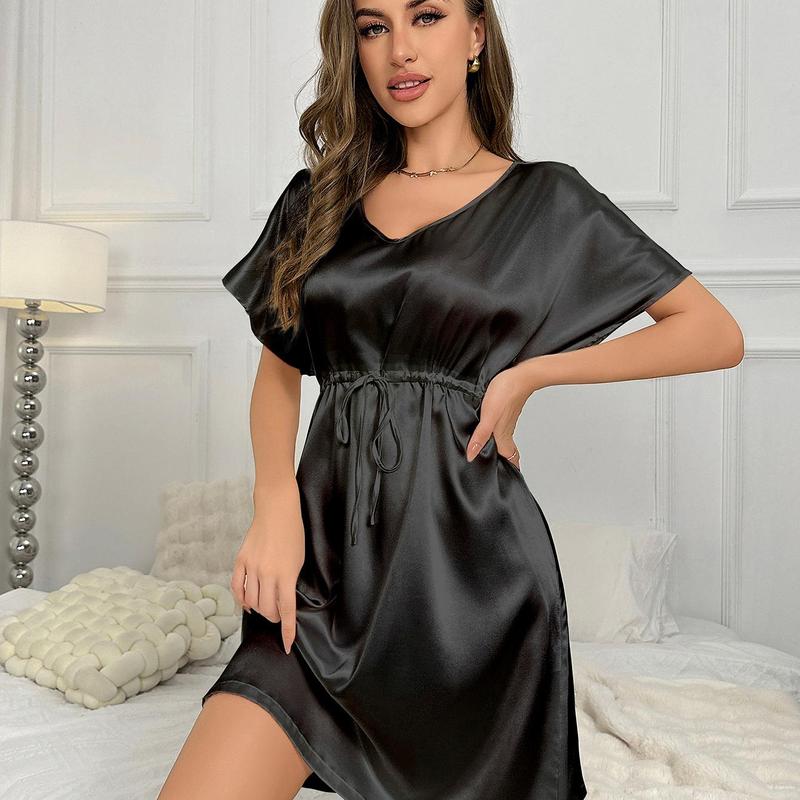 Women's Silk Satin Nightgown, Summer Sexy Batwing Sleeve Drawstring Home Dress, Women's Ice Silk Nightgown, Mature Style night  gown