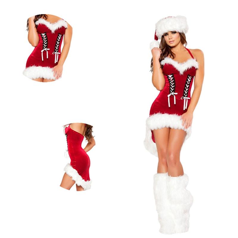 Women Christmas Costume Santa Cosplay Dress Plush Trim Patchwork Dress Party Costume with Hat and Leg Warmers