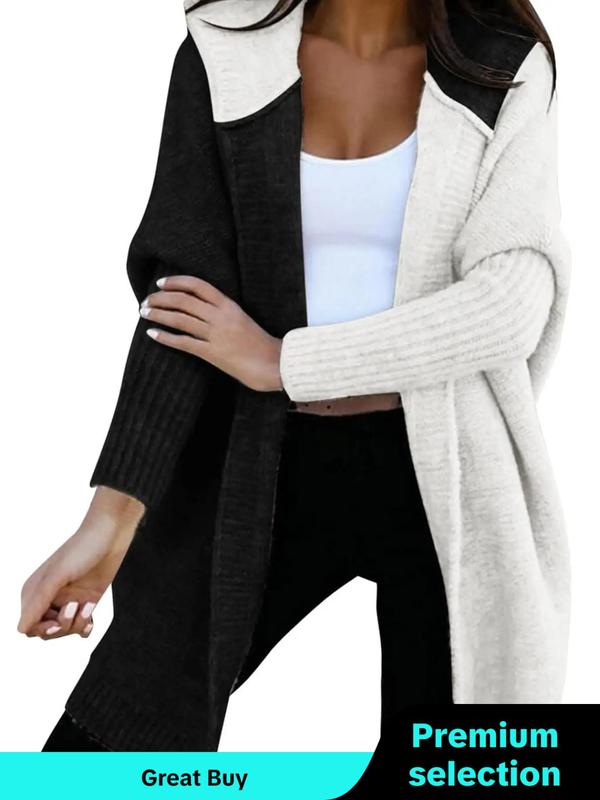 Women's Colorblock Batwing Sleeve Hooded Cardigan, Casual Long Sleeve Open Front Knitwear for Fall & Winter, Cardigan for Women, Fashion Ladies' Knit Clothing for Daily Wear