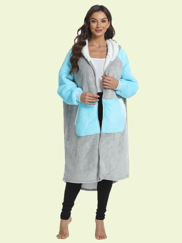 Women's Pocket Zipper Raglan Sleeve Flannel Lounge Robe, Casual Long Sleeve Hooded Thermal Lined Loungewear, Ladies Fall & Winter Sleepwear