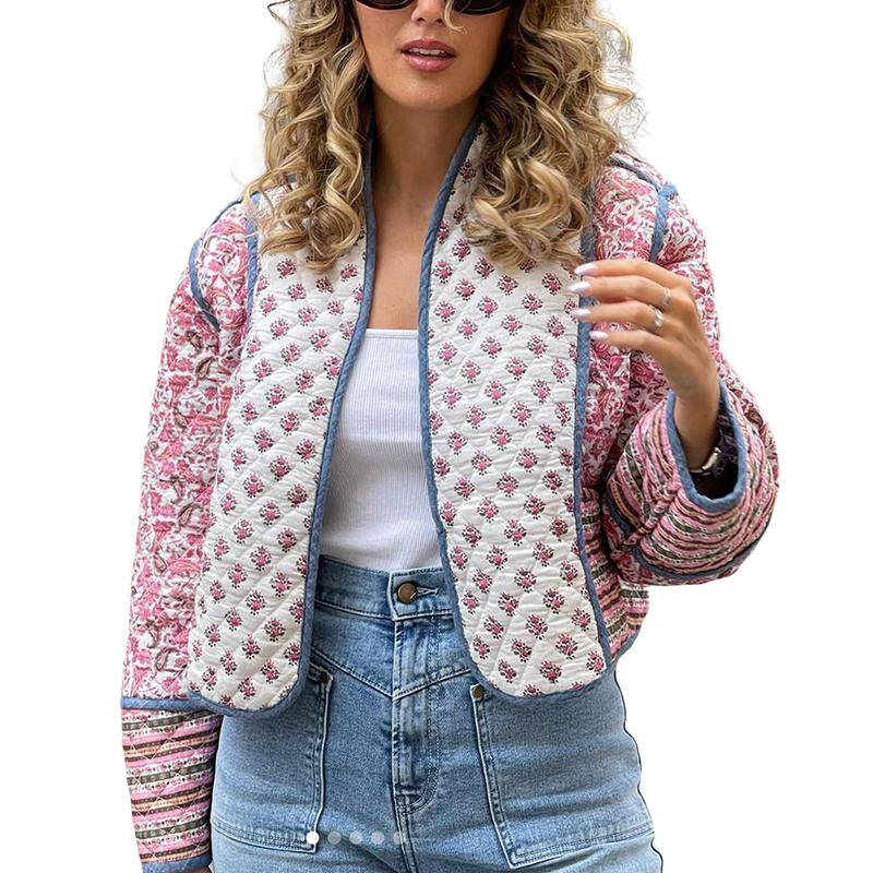 Molitree Women's Cropped Floral Quilted Jacket Cardigan Printed Lightweight Open Front Padded Puffer Coat Womenswear Button Womenswear Button