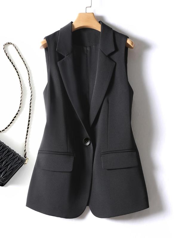 Women's Solid Button Front Lapel Vest Blazer, Elegant Fashion Sleeveless Outerwear, Ladies Spring & Fall Clothes For Work Office Business