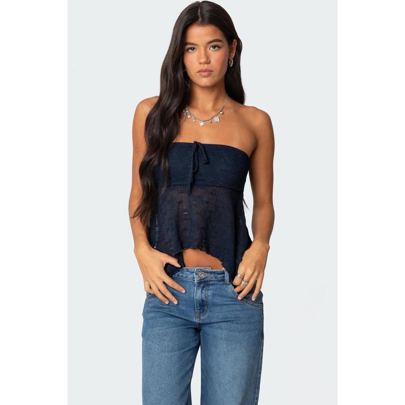 Embroidered Sheer Strapless Top