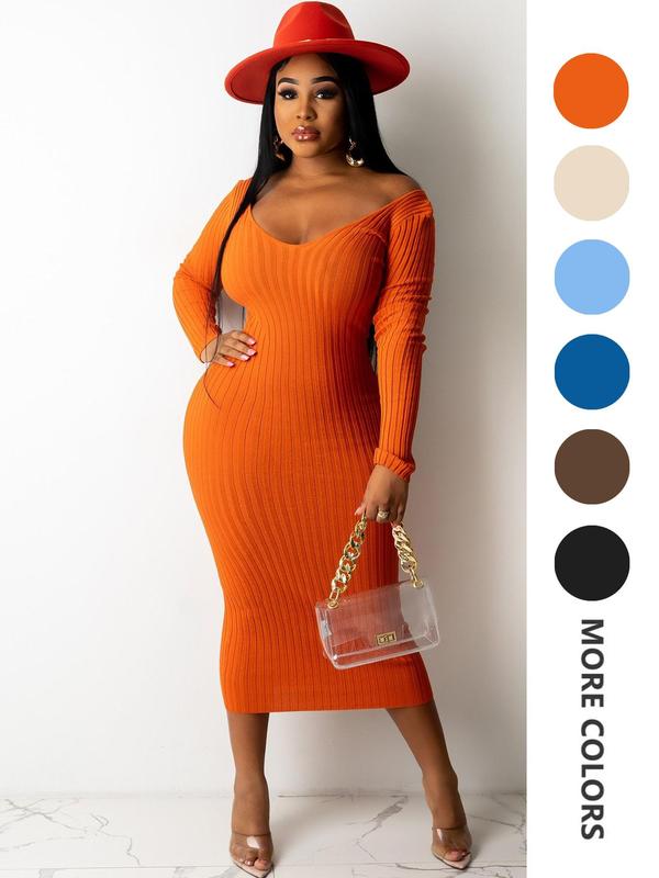 Women's Plain Ribbed V Neck Bodycon Dress, Casual Long Sleeve Midi Dress for Fall & Winter, Women's Clothing for Daily Wear Longsleeves