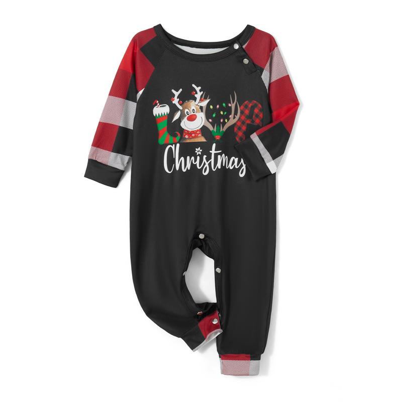 Parent-Child Christmas Pajamas, Romper  Long Sleeve Reindeer Print Tops and Plaid Pants Suit for Kid Dad Mom Sleepwear