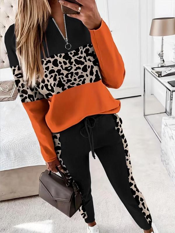 Two-piece Set Women's Colorblock Leopard Print Zip Up Pullover & Drawstring Waist Pants, Casual Long Sleeve Stand Collar Top & Pocket Trousers for Spring & Fall, Two Piece Set Women, Women's Clothes for Daily Wear