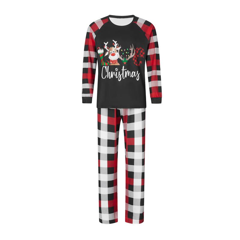 Parent-Child Christmas Pajamas, Romper  Long Sleeve Reindeer Print Tops and Plaid Pants Suit for Kid Dad Mom Sleepwear