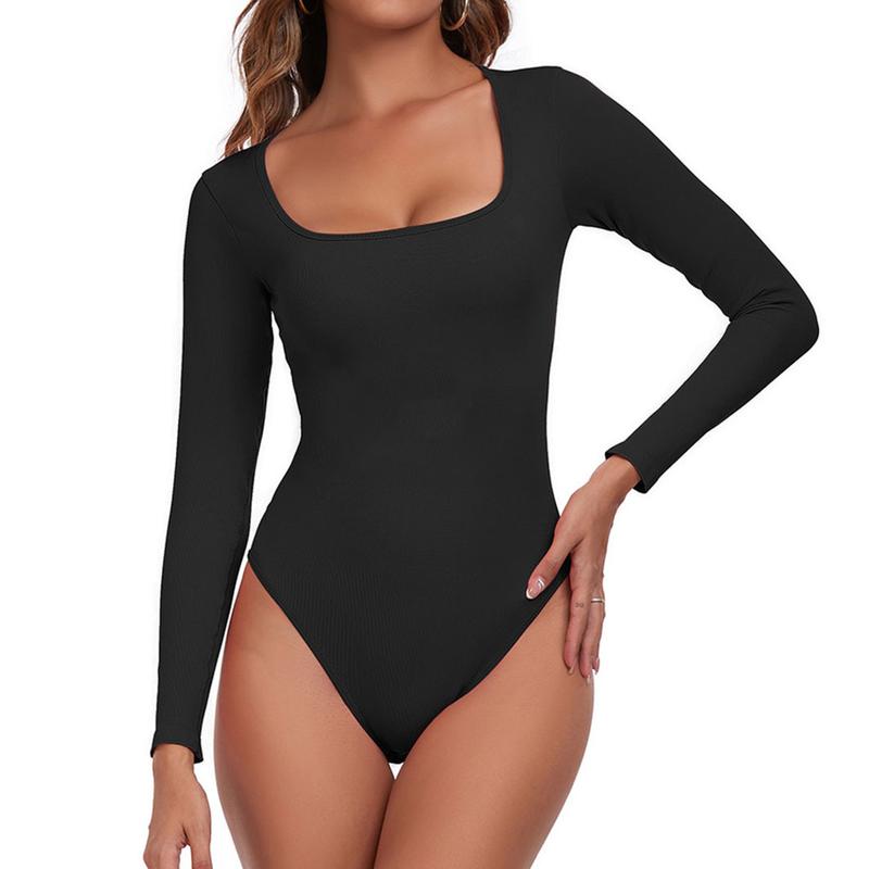 Women's Square Neck Long Sleeve Bodysuit Tops Sexy Ribbed One Piece Square Neck Long Sleeve Bodysuits Comfy Slimming Going Out Top