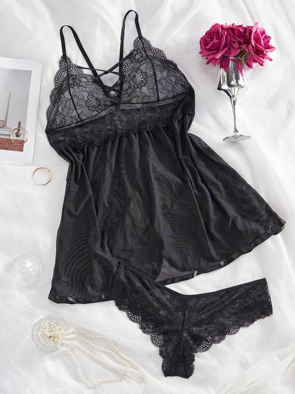 Plus Size Criss Cross Sheer  Sexy Lingerie Set, Adjustable Strap Cami Nightdress & Lace Thong Set , Women's Sleepwear Set for All Seasons