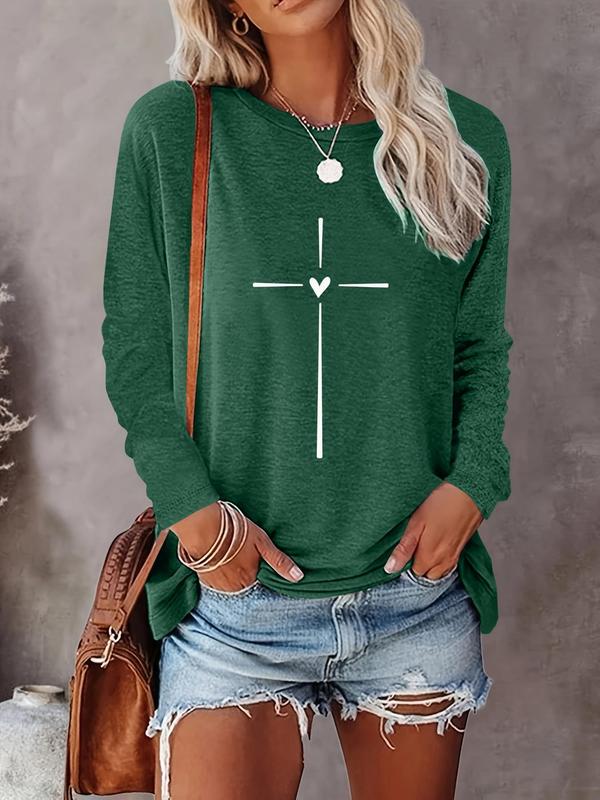 Women's Heart & Cross Print Round Neck Tee, Casual Long Sleeve Crew Neck T-shirt for Spring & Fall, Fashion Women's Top for Daily Wear