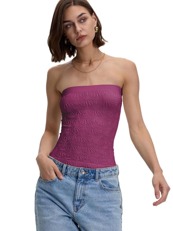 Women's Solid Jacquard Seamless Tube Top, Fashion Casual Sleeveless Strapless Top for Daily Outdoor Wear, Ladies Clothes for Summer