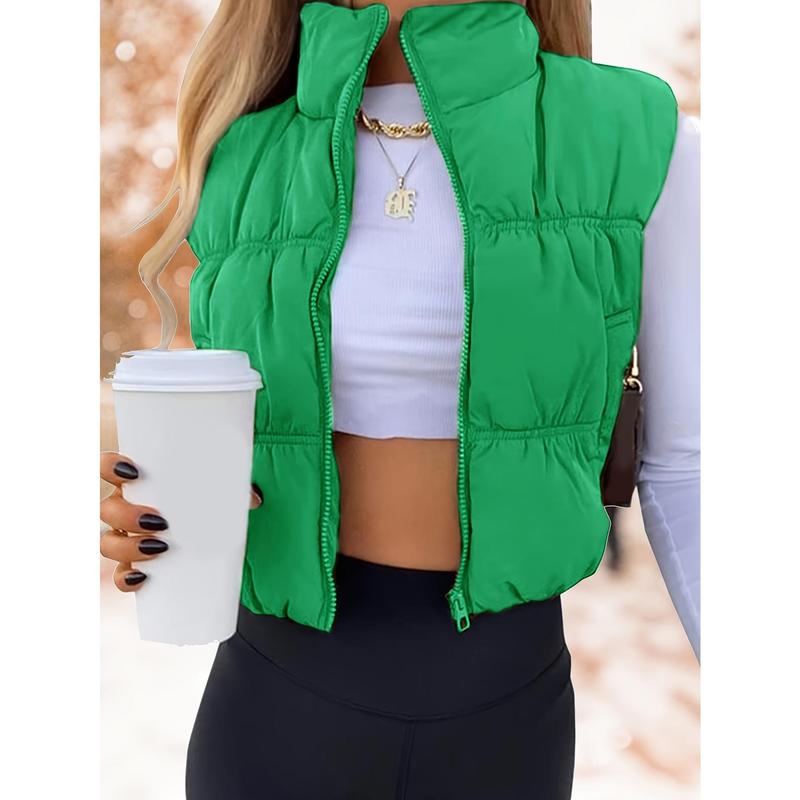 Cropped Sleeveless Puffer Vest for Women, Zip Up Stand Collar Padded