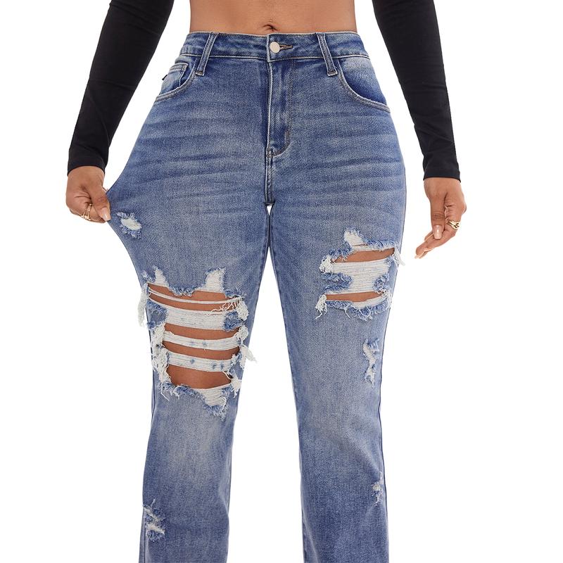 ~JB Women Mid-High Waisted Stretch Pants Ripped Regular Jeans Mid-Blue Straight Pants | Fashion Casual Denim Pant Vintage Ripped Skinny Jeans Women's Plain Pocket Straight '90s Street Style Good Looks Go With Everything Blackfriday Sale